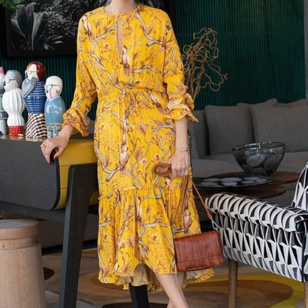 H&M Johanna Ortiz Women's Yellow Floral Boho Frill Summer Midi Crepe Dress Sz XS - Picture 2 of 16